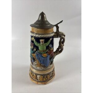 Vintage German Style Beer Stein Pewter Lid Relief Tavern Scene Mug